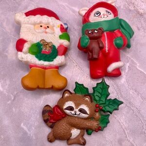 Christmas Festive Holiday Brooch Trio Set - Santa, Fun world Cat, and Raccoon